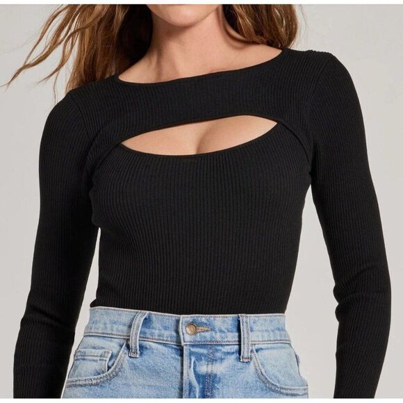 Windsor Casual Vibes Ribbed Knit Cutout Bodysuit Solid Black Long Sleeve Large - Picture 4 of 8